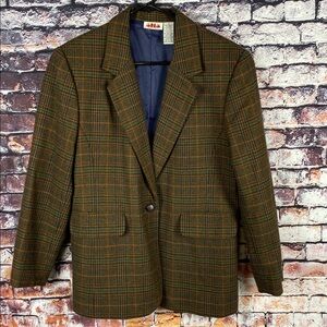 Alia Brown Green Wool Blend Houndstooth Paid Classic Vintage Blazer Sz M